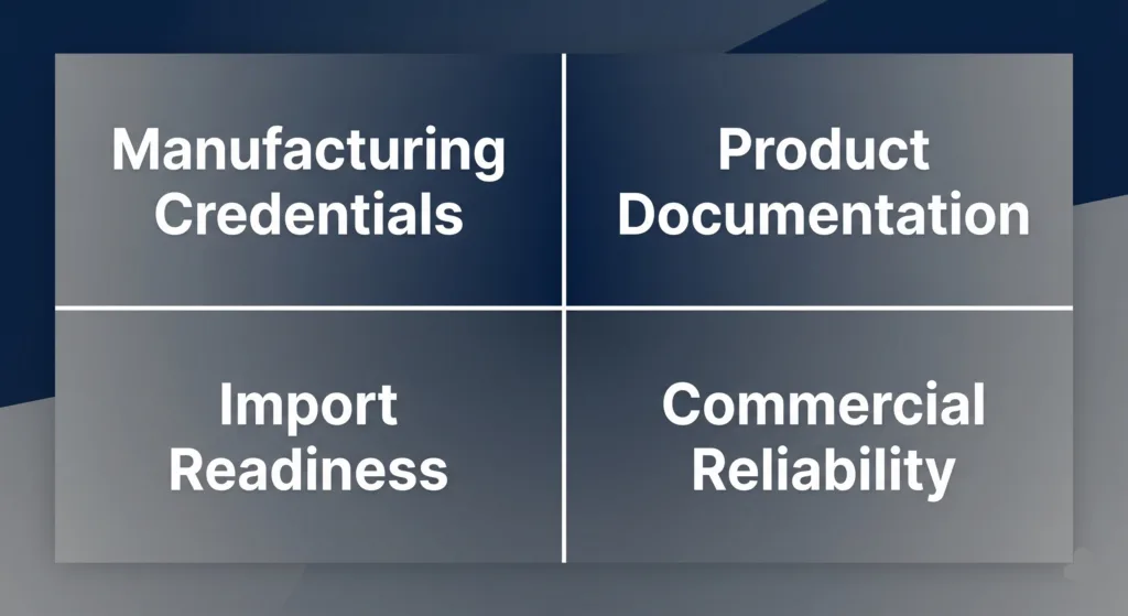 A four-quadrant business diagram mapping out the essential pillars of evaluating international pharmaceutical suppliers.