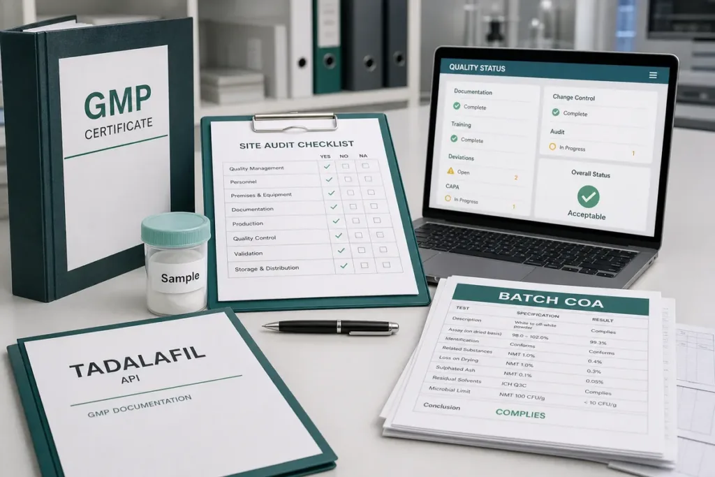 Wholesale Tadalafil API Documentation Guide: DMF, USDMF, CEP and GMP Tadalafil API GMP certificate site audit checklist batch COA and sample review