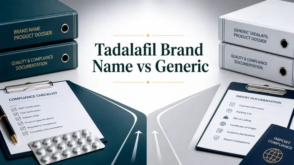 Wholesale Tadalafil Brand Name vs Generic - What US Distributors and Importers Should Know Tadalafil Brand Name vs Generic title graphic for US distributor and importer sourcing review