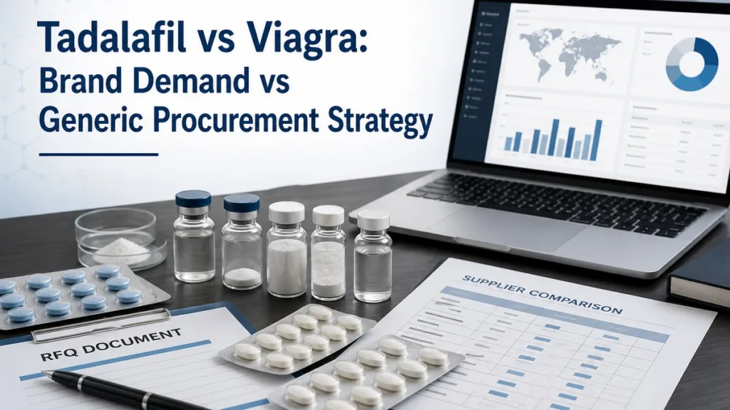 Wholesale Tadalafil vs Viagra: From Brand Demand to Generic Procurement Tadalafil vs Viagra Brand Demand vs Generic Procurement Strategy title graphic for B2B pharmaceutical sourcing